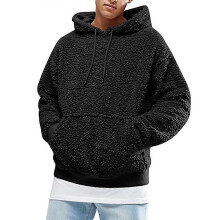 (L, Black) Men's Hooded Pullover Fleece Teddy Bear Long Sleeve Hoodie Sweatshirt With Pocket YBZ