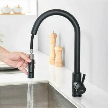 (As show, One size) One Piece Kitchen Faucet with Pull Out Spray Matte 360 Swivel Stainless Steel Kitchen Sink Faucet 2 Functions Kitchen Faucet (Black)