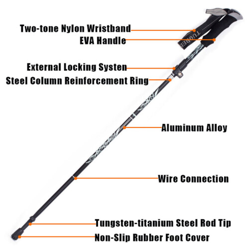 (Black, Long) Trekking Hiking Poles Adjustable Shockproof Retractable 2