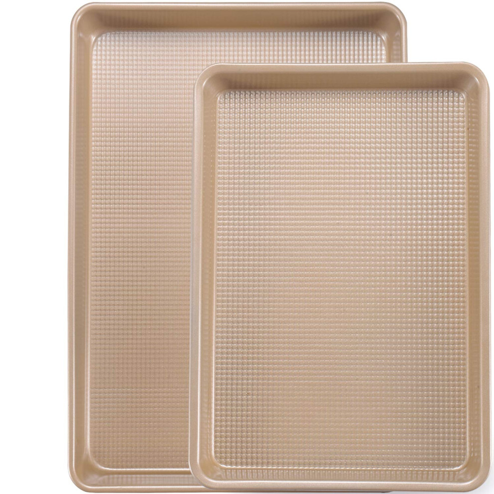 JOHO BAKING Cookie Sheet Baking Pan Set, Professional Baking Sheet for oven Nonstick, 2 Piece Bakeware Set, 9x13in,10x15in, Textured, Gold