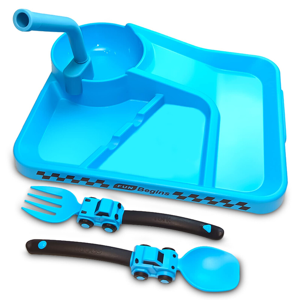 Construction Toddler Utensils - Toddler Plates - Toddler Eating Utensil Set With Spoon Fork And Removable Straw - Baby Plates Feeding Set - Constructi Blue Hebelle