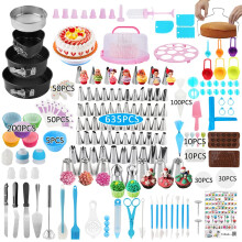 Kageindretning Kit 635 pcs Kagedekorationsforsyninger med 3 Springform Pan Sets glasur r?redyser Kage roterende drejeskiven kage topper r?rposer