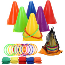 Win SPORTS 3 in 1 Carnival Outdoor Combo Games Set Soft Plastic Cones Cornhole Bean Bags Ring Toss Game Kids Birthday Party Outdoor Games Supplies 26