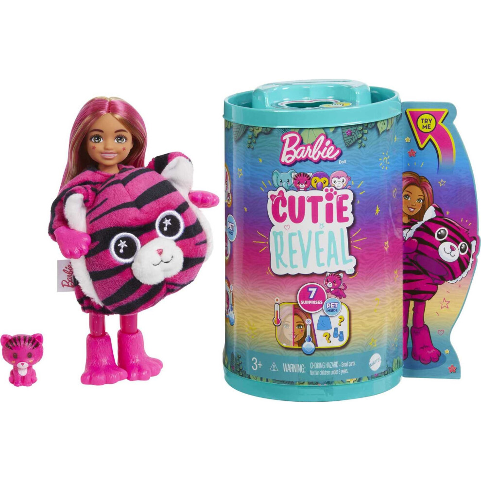 Barbie - Barbie Cutie Reveal Serie Amici Della Giungla, Bambola Con Costume Da Tigre Di Peluche E 7 Sorprese Cambia Colore, Bambole E Accessori, Giocattolo Per Bambini 3+ Anni, HKR15-image