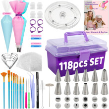 LUSHYUM Kit de decorare a prajiturii 118 buc cu carcasa de depozitare, pungi de zahar regale ?i vrfuri de consumabile pentru glazura Set plata t