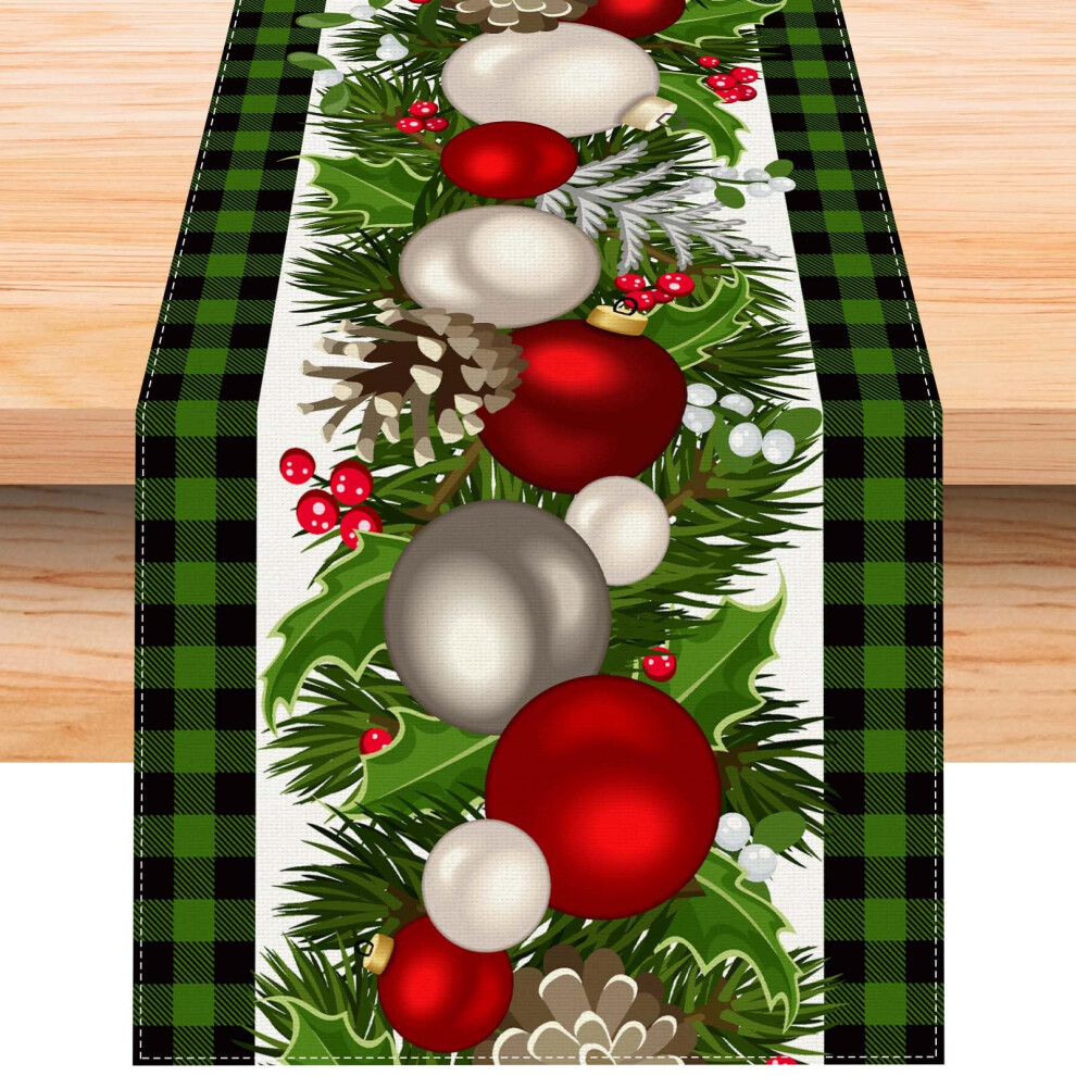 Leinen, Grun Und Schwarz, Buffalo Check Plaid Weihnachtstischlaufer, 60 Zoll Lang, Bauernhaus, Winter, Weihnachten, Urlaub, Haus, Kuche, Tischdek-image