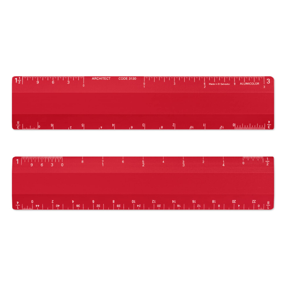Alumicolor Architect - Righello Da 15,2 Cm Con 4 Design Smussato Per Disegno, Disegno E Ingegneria, Calibrazioni Divise Per (1/8, 1/4), (1/2, 1), (3/8, 3/4), (3, 11/2), Rosso-image