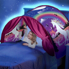 (Pink Unicorn) Dream Tent for Kids Bed with Storage Pocket Foldable Kids Tent on Bed Mosquito Net Tent