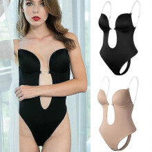 (XL, Black) Women Plunging Deep V-neck Body Shaper Strapless Backless Shapewear