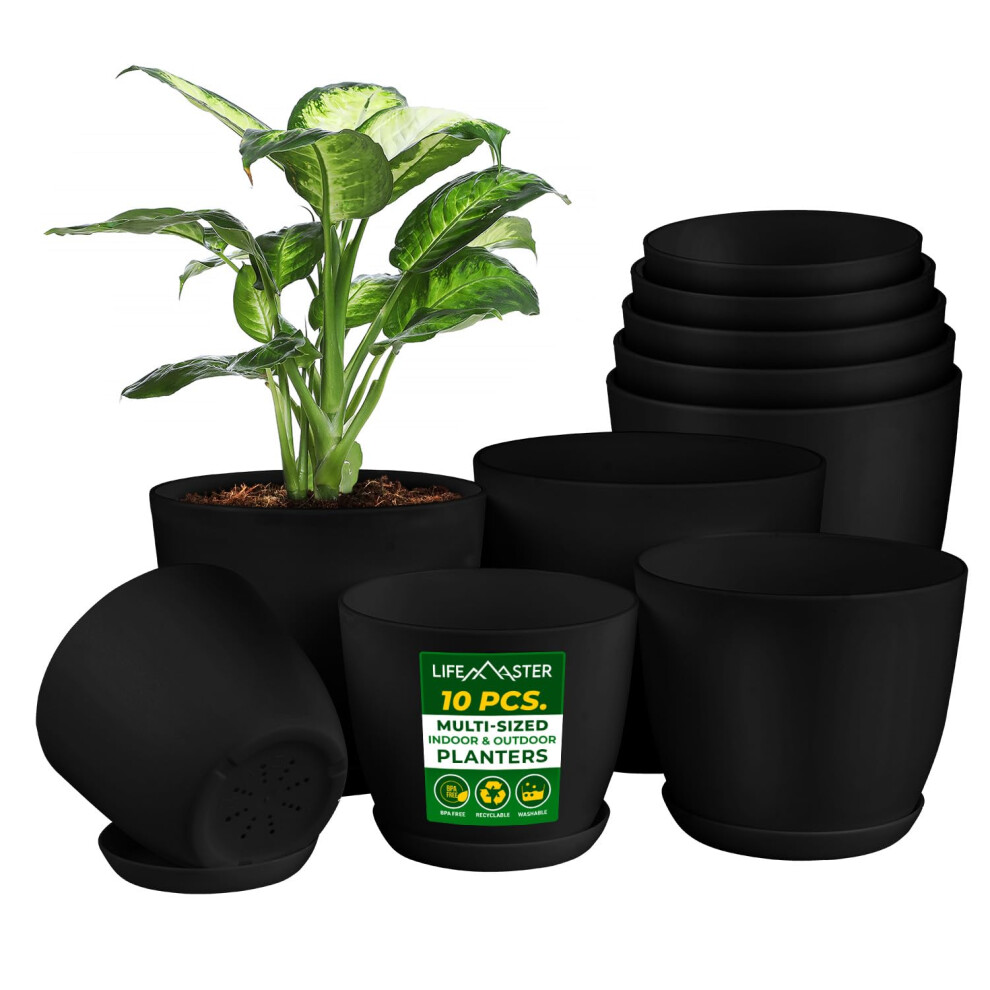Lifemaster Plant Pots with Multi Drainage Holes 10 Pieces Versatile Sturdy Plastic Stackable Design Home Decor Flower Pots f