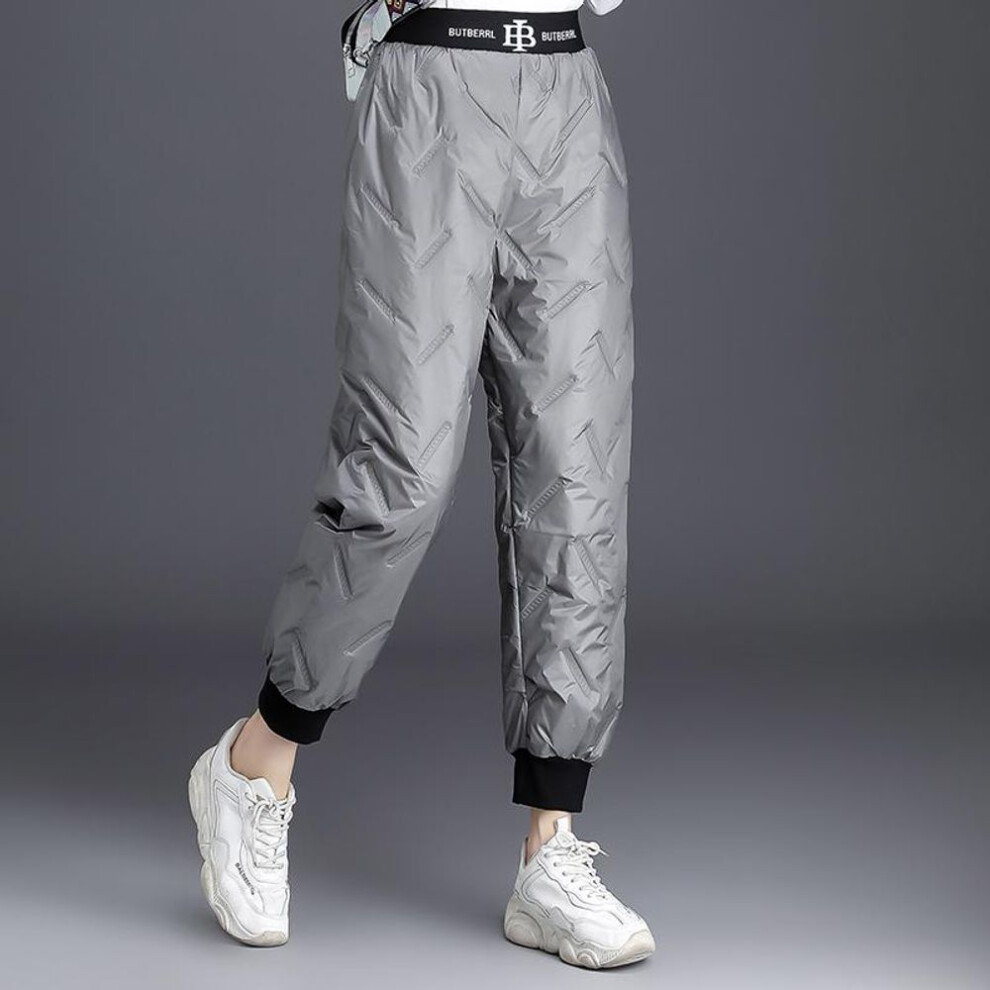 (grey, M) Women Designer Winter Plush Down Bloomer Trousers Warm High Waist Long Pants