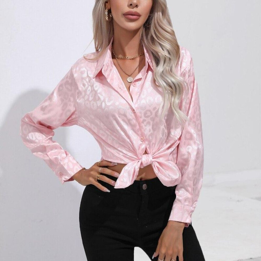 (S, pink) Leopard Print Loose Satin Blouse Women Fashion Long Sleeve Silk Casual Shirt Button Elegant Office Lady Tops Women Clothing 26106
