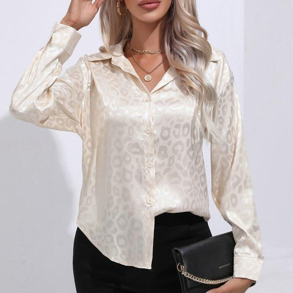 (L, champagne) Leopard Print Loose Satin Blouse Women Fashion Long Sleeve Silk Casual Shirt Button Elegant Office Lady Tops Women Clothing 26106