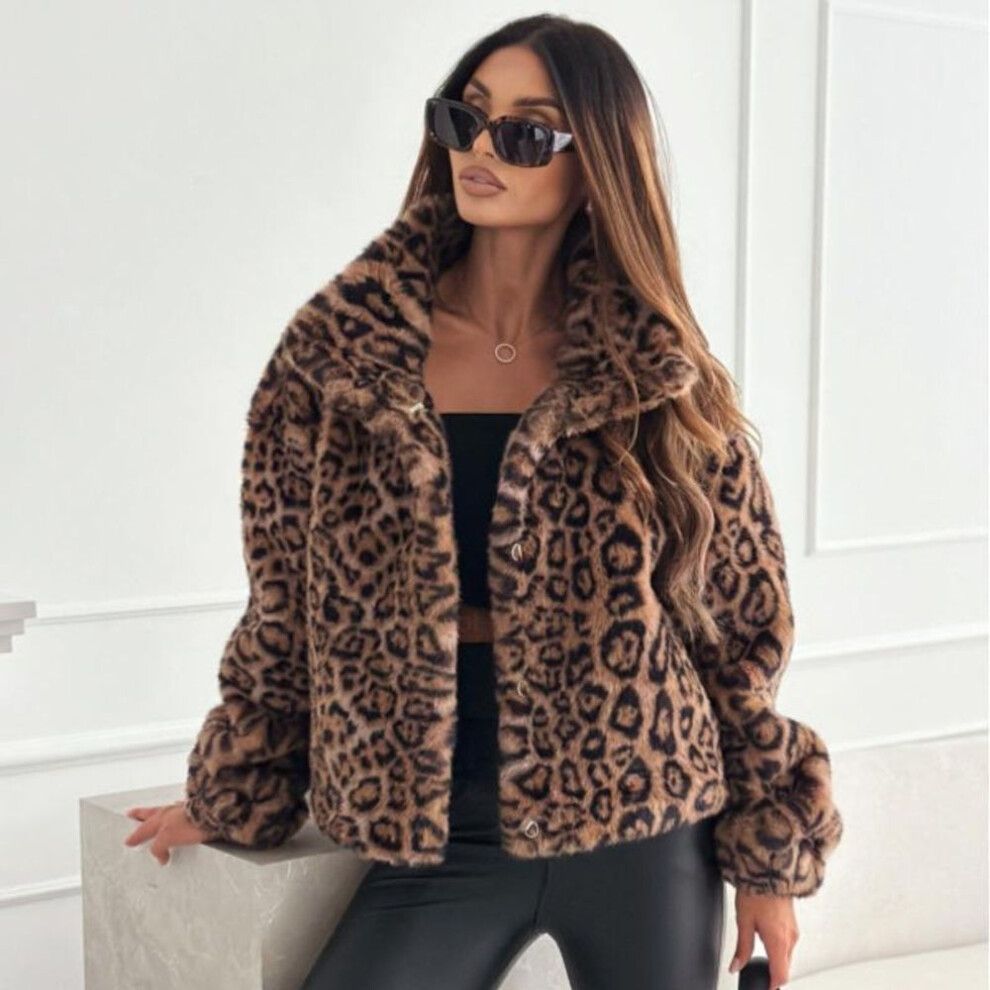 (brown, M) Autumn Long Sleeve Leopard Print Plush Short Jacket Women Elegant Winter Thick Velvet Plus Size Warm Coats Women Fashion Street Loose Coat Tops 25000