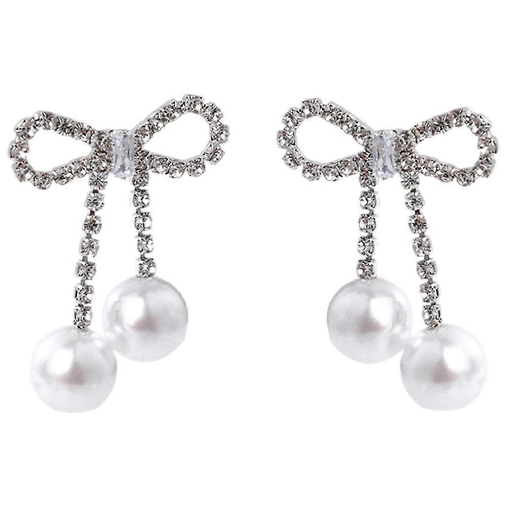 Kricely (As Show, One Size) 1 Pair Pearl Bow Earrings Rhinestone Bow Earrings Women Stud Earrings Decorative Stud Earrings