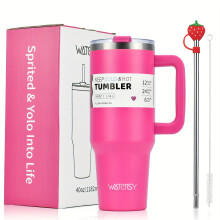 (Rose Pink, 40oz/1182ML) Tumbler with Lid And Steel Straw and Straw brush and Straw dustproof accessories, 40oz Stainless Steel Insulated Water Bottle with Handle