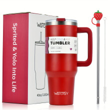(Pomegranate Red, 40oz/1182ML) Tumbler with Lid And Steel Straw and Straw brush and Straw dustproof accessories, 40oz Stainless Steel Insulated Water Bottle with Handle