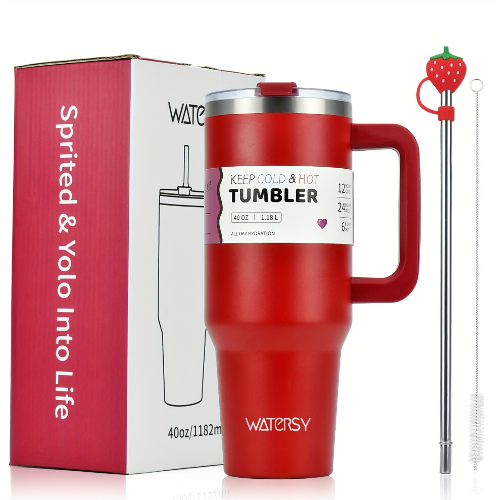 (Pomegranate Red, 40oz/1182ML) Tumbler with Lid And Steel Straw and Straw brush and Straw dustproof accessories, 40oz Stainless Steel Insulated Water Bottle with Handle