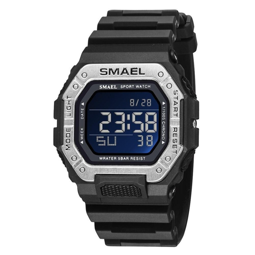 (black,silver, With Packaging) SMAEL Digital Watch Men Sports Waterproof Stopwatch Alarm Clock Rubber Strap Military Wristwatches 8059 Sport Watches Led Digital