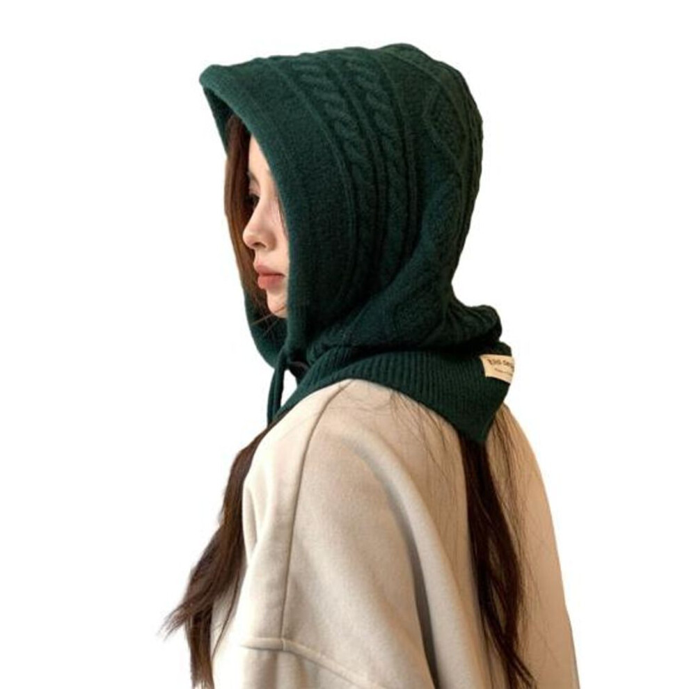 (green) Women Autumn Winter Scarf Hat Thicken Imitation Cashmere Solid Color Hat Jacquard Texture Drawstring Windproof Scarf Hat