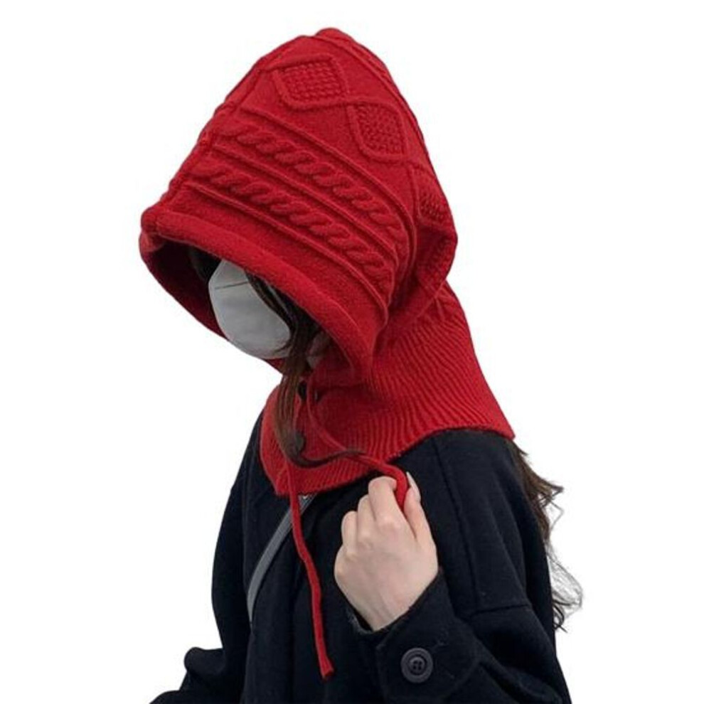 (red) Women Autumn Winter Scarf Hat Thicken Imitation Cashmere Solid Color Hat Jacquard Texture Drawstring Windproof Scarf Hat