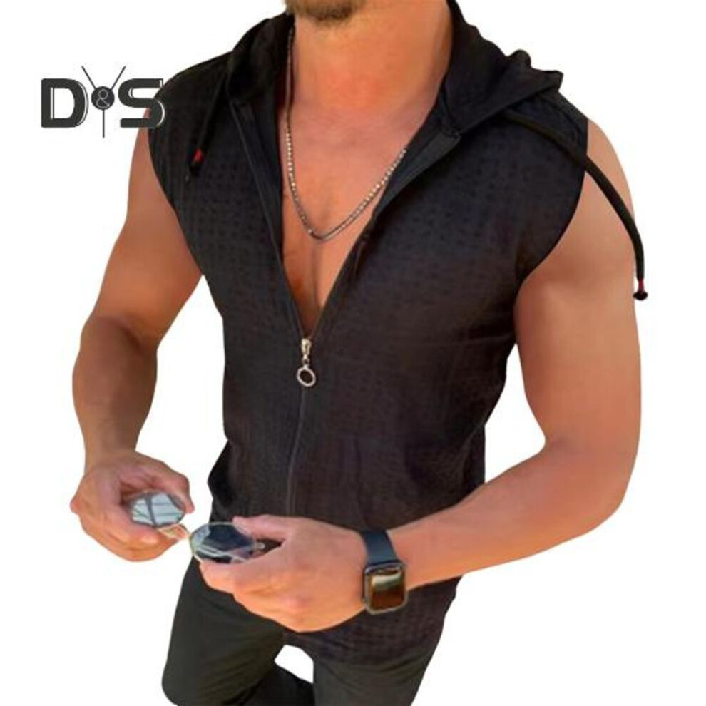 (black, M) 3D Cutting Vest Top Drawstring Fashion Summer Sport Sleeveless Hooded Sweatshirt
