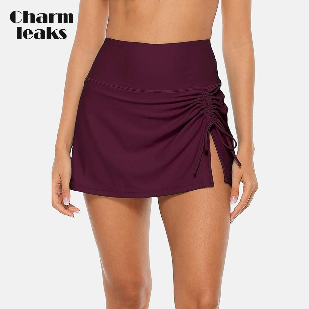 (M, dark red) Womens High Waisted Split Swim Skirt Sporty Drawstring Skirted Swim Bottom With Built-in Swimming Panty Swimwear
