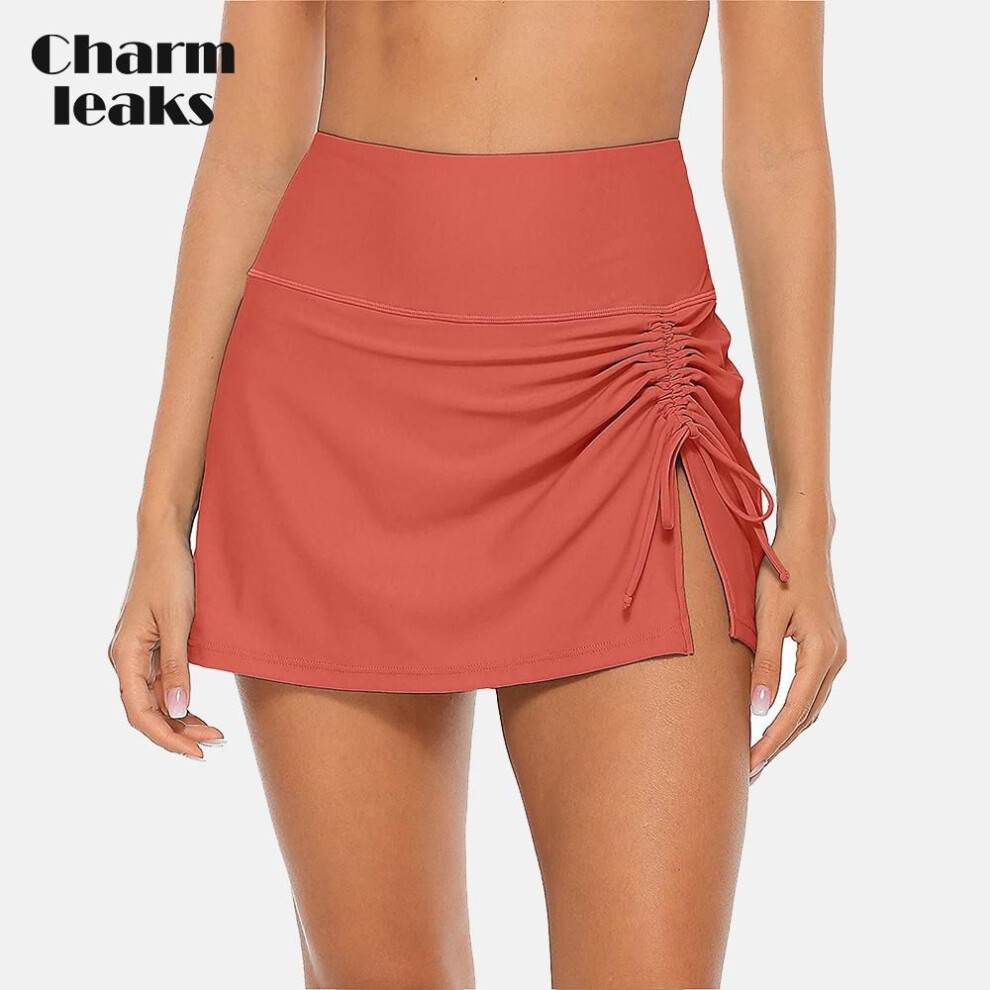 (XL, pink) Womens High Waisted Split Swim Skirt Sporty Drawstring Skirted Swim Bottom With Built-in Swimming Panty Swimwear