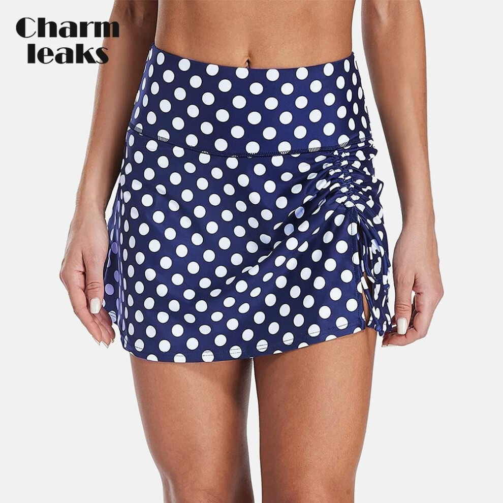 (S, blue,white) Womens High Waisted Split Swim Skirt Sporty Drawstring Skirted Swim Bottom With Built-in Swimming Panty Swimwear