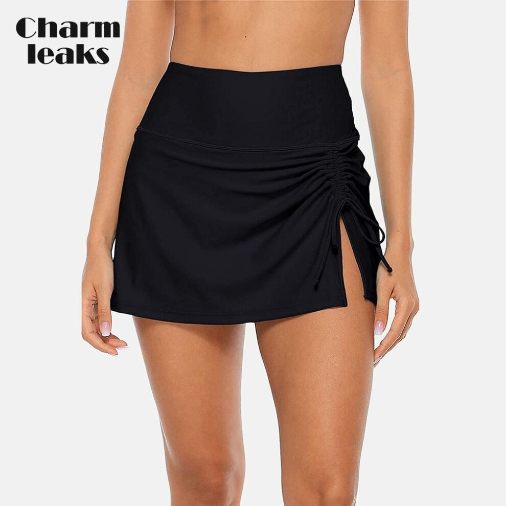 (M, black) Womens High Waisted Split Swim Skirt Sporty Drawstring Skirted Swim Bottom With Built-in Swimming Panty Swimwear