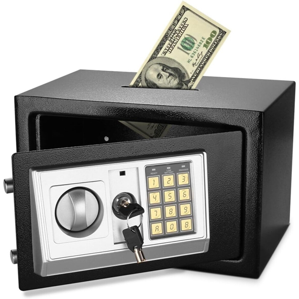 (Small (0.44 Cubic Feet), Black) Small Safe with Coin Slot - Electronic Coin Safe with Digital Combination Keypad Lock - Cash Safe for Cabinets, Home and Office Security