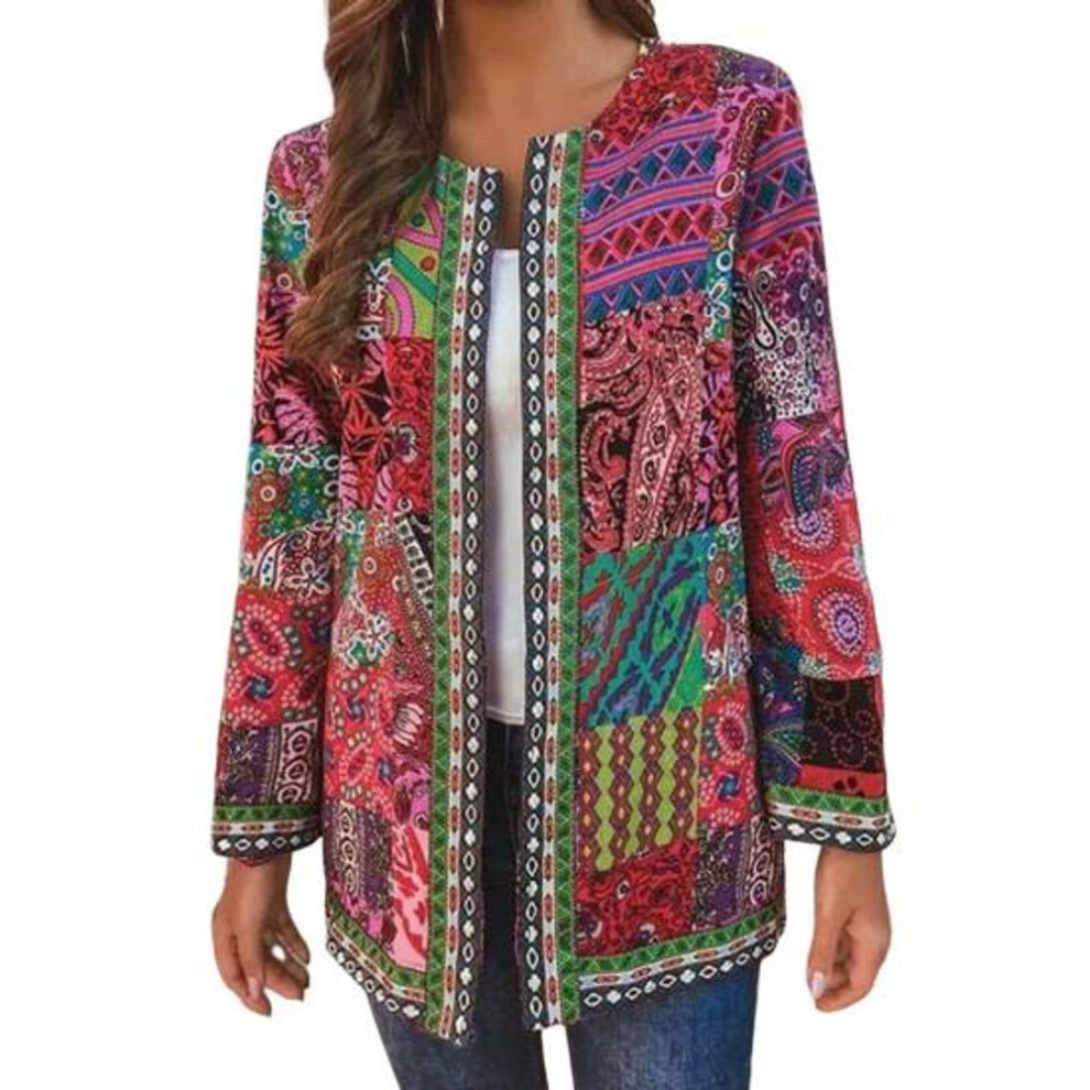 (5XL, red) O-neck Long Sleeve Open Stitch Pockets Cardigan Coat Women Autumn Ethnic Style Retro Print Outerwear