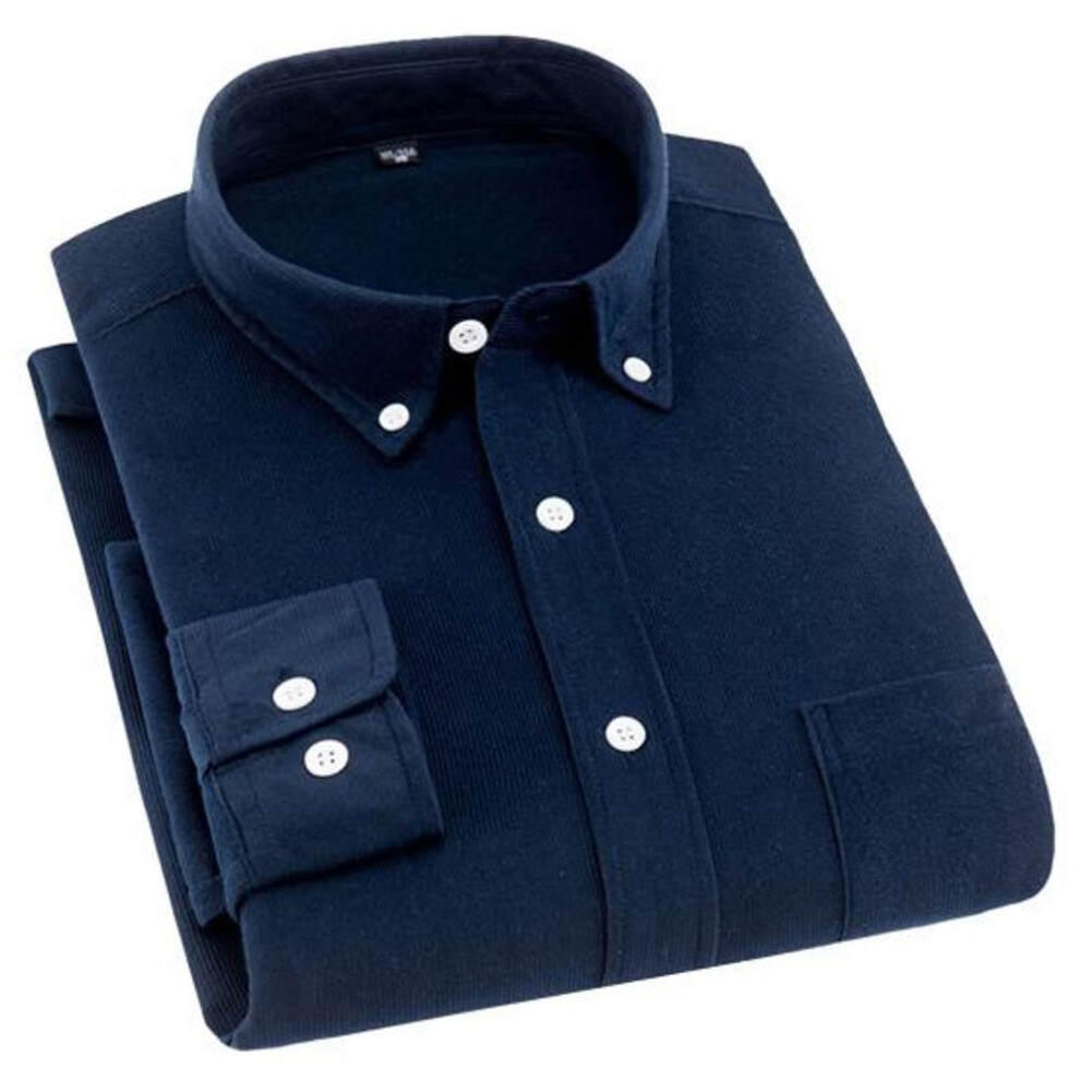 (M, navy blue) Spring Autumn Men Shirt Solid Color Long Sleeve Single Breasted Pocket Vintage Buttons Collar Corduroy Shirt Streetwear