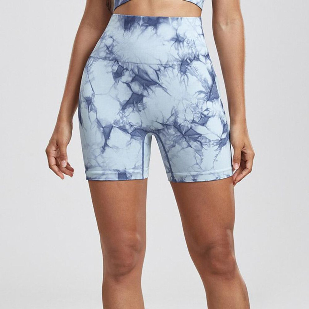 (light blue, M) Summer Women Tie Dye High Waist Shorts Fitness Yoga Shorts Knitted Sports Gym Push Up Shorts