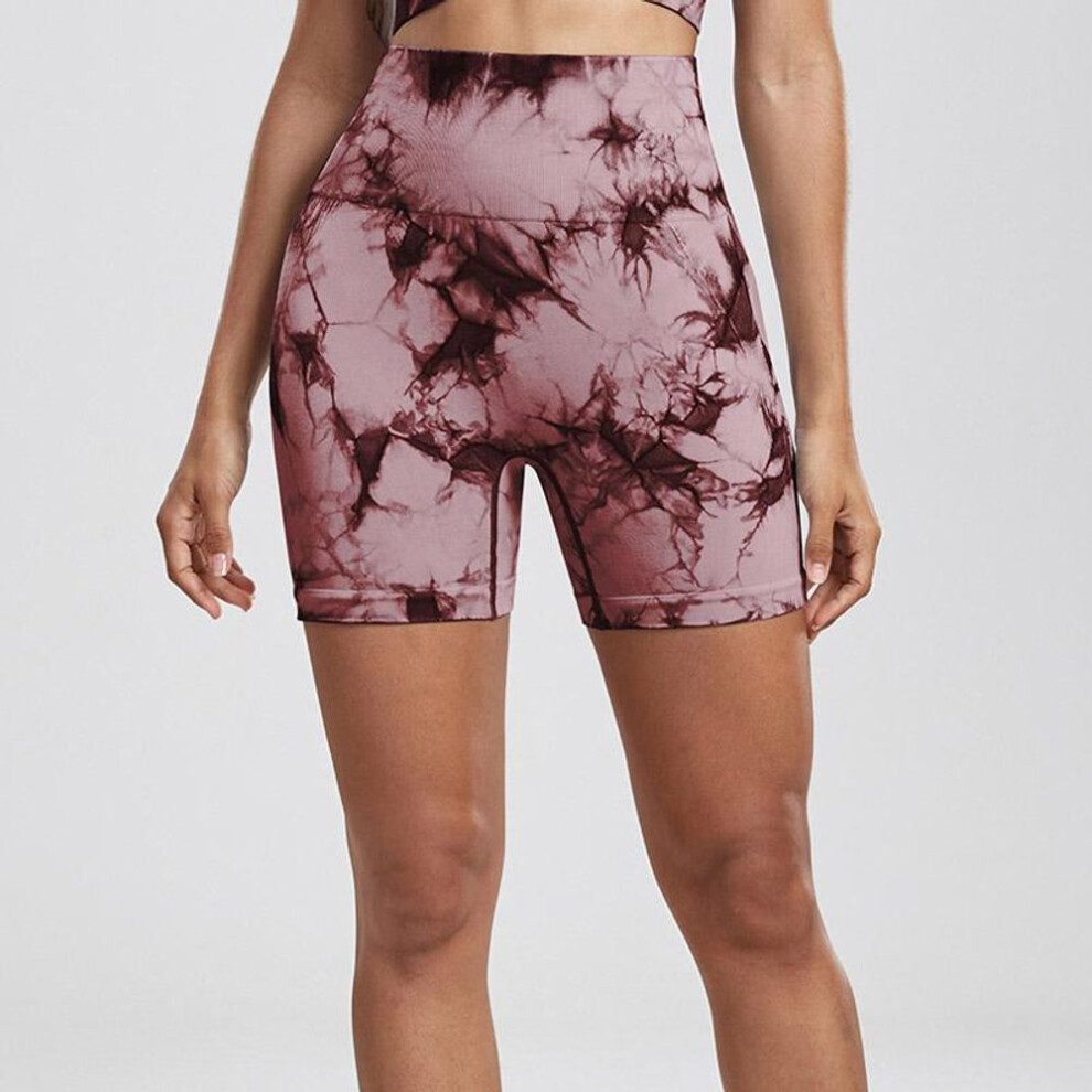 (wine, M) Summer Women Tie Dye High Waist Shorts Fitness Yoga Shorts Knitted Sports Gym Push Up Shorts