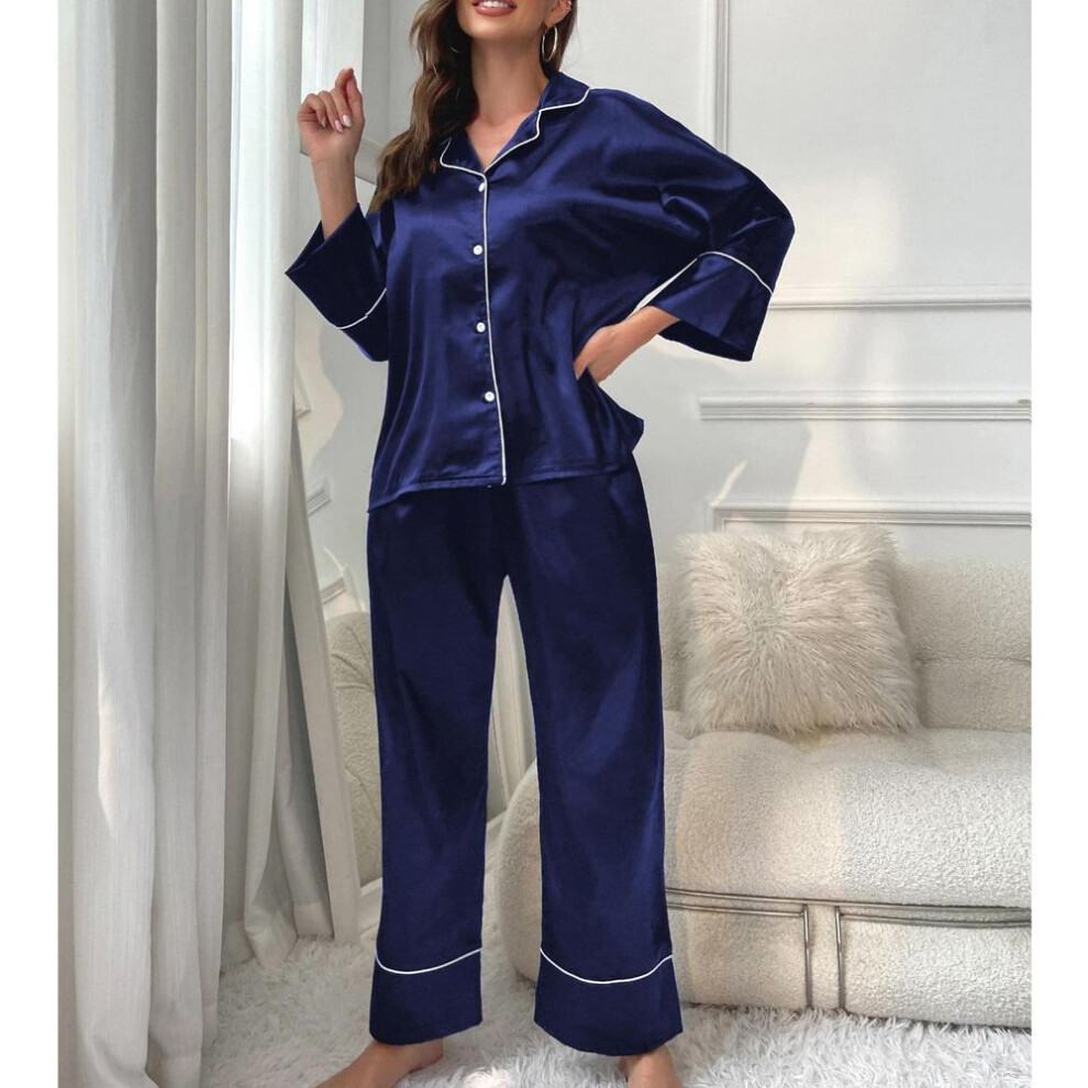 (S, navy blue) Women's Sleeping Suits Imitation Silk Satin Pajamas Set Long Sleeves Button Up Shirt And Pants Pyjama Nightwear Autumn Spring Lounge Wear