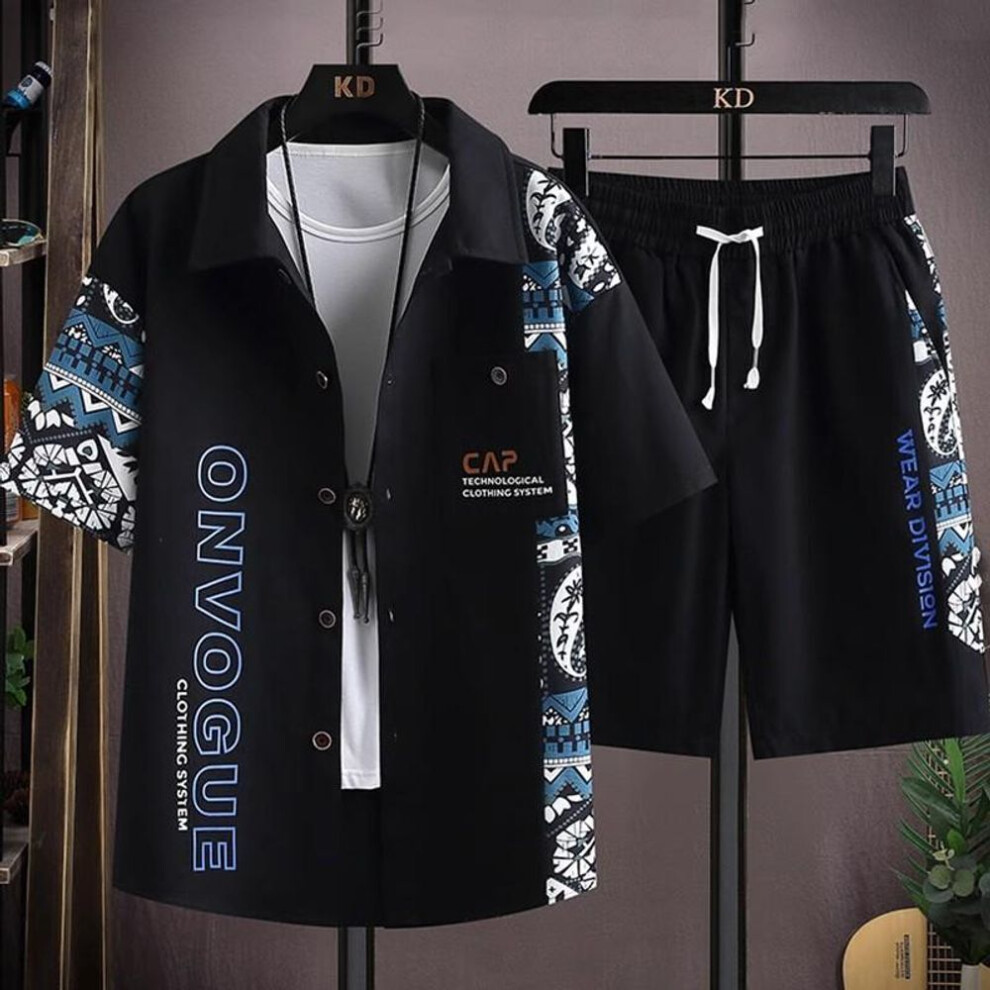 (black, 4XL) Fashion men's short-sleeved shirt suit men's summer tide design sense splicing printing casual sports shorts two-piece clothes