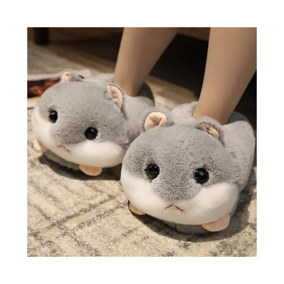 (Grey Hamster) Rabbit/hamster/dog Shaped Plush Slippers Creative Wrapping Fuzzy Warm Lined Winter