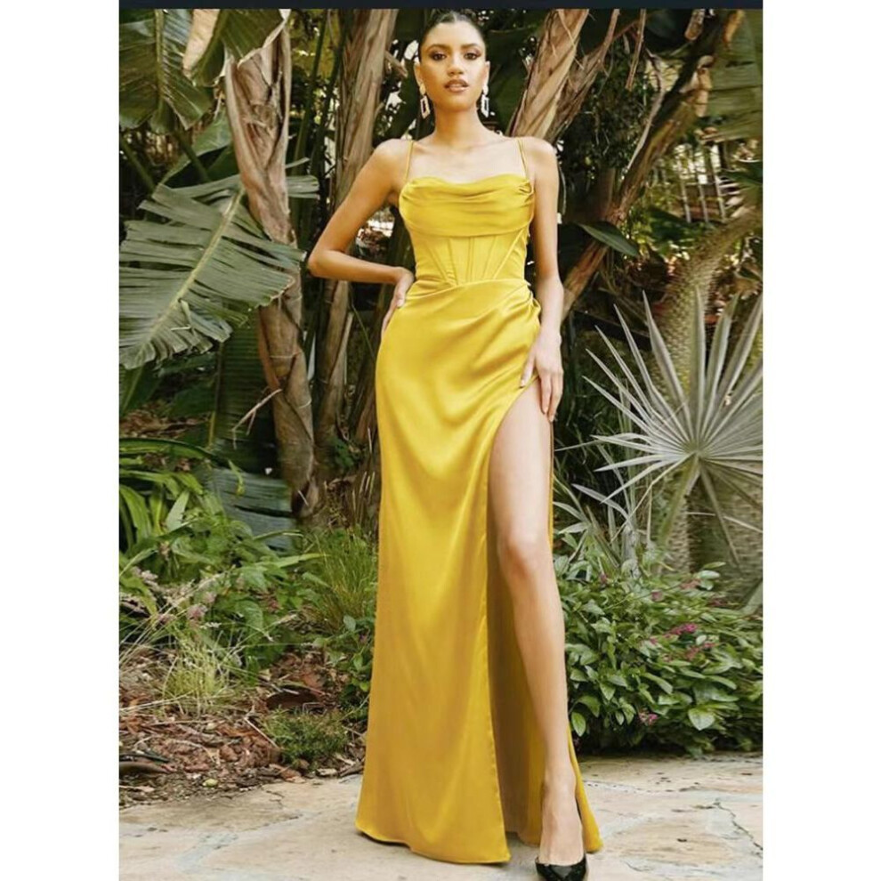 (yellow, M) Red Backless Long Evening Dress For Girls Summer Sexy Elegant Women Party Dresses Robe Items For Business