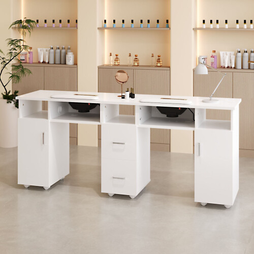 Living And Home Mobile Double Manicure Table with Built-in Dust Collectors and Drawers 1
