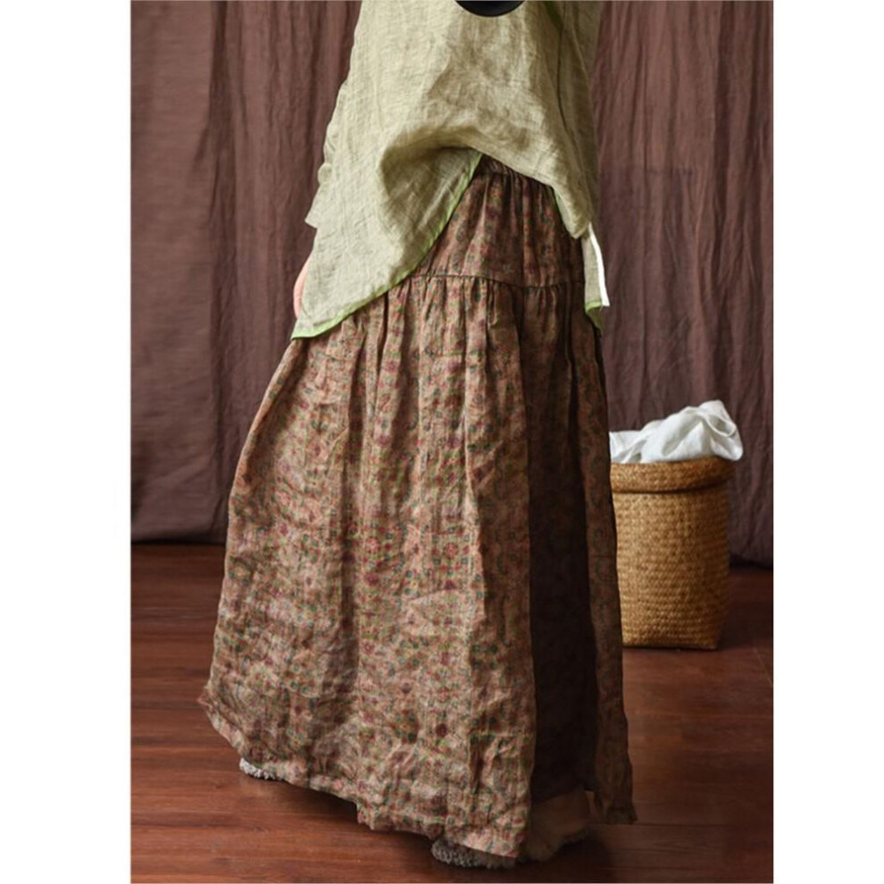 (One Size, coffee) Johnature Women Print Floral Ramie Skirts Elastic Waist High Quality Clothes Summer Patchwork Loose Casual Skirts