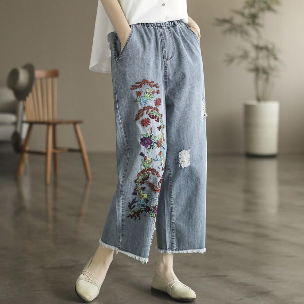 (blue, M) Johnature Women Vintage Embroidery Floral Denim Pants Elastic Waist Blue Casual Trouser Autumn Straight Pants
