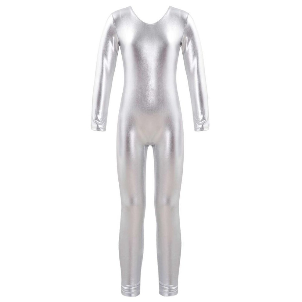 (silver, 10-12 Years) Kids Girls Stylish Clothing Long Sleeves Ballet Dance Gymnastics Leotard Jumpsuit Dancewear