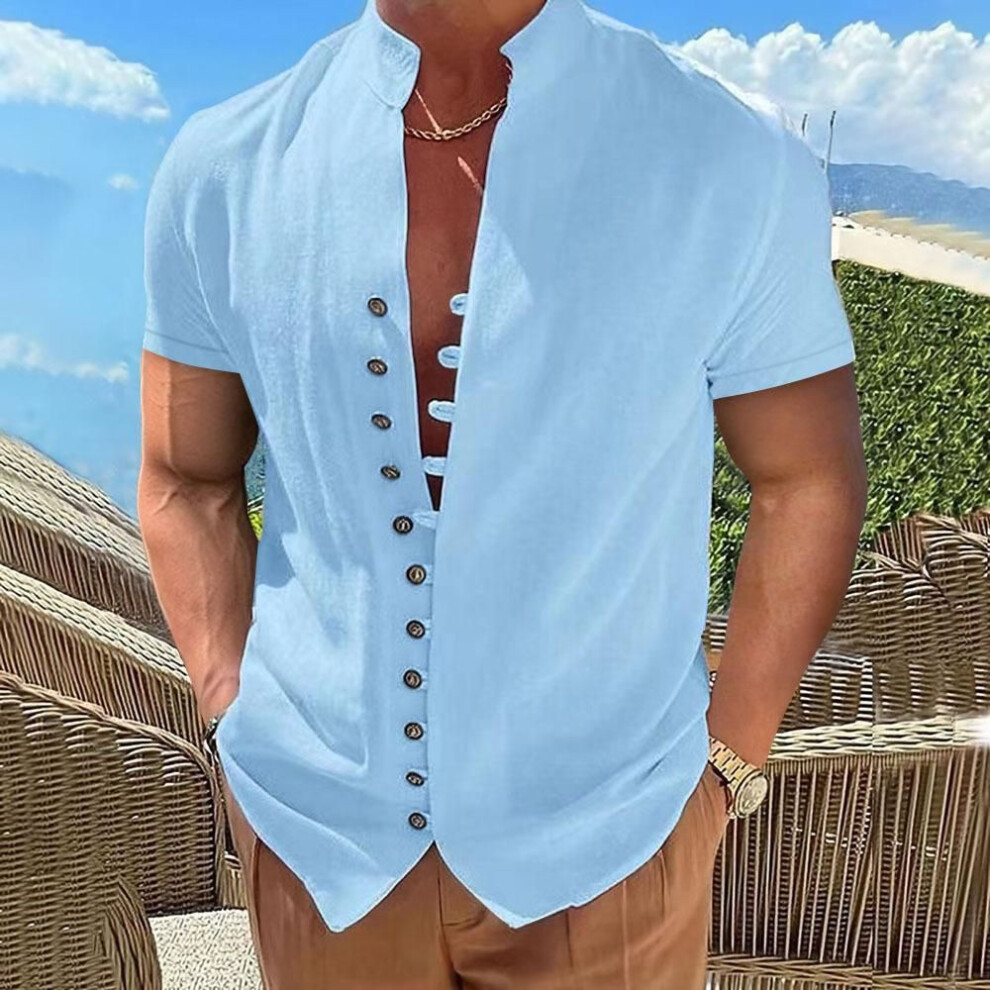 (light blue, L) Summer Men&apos;s Cotton Linen Tops Vintage Button Up Stand Neck Short Sleeve Shirt Men White Black