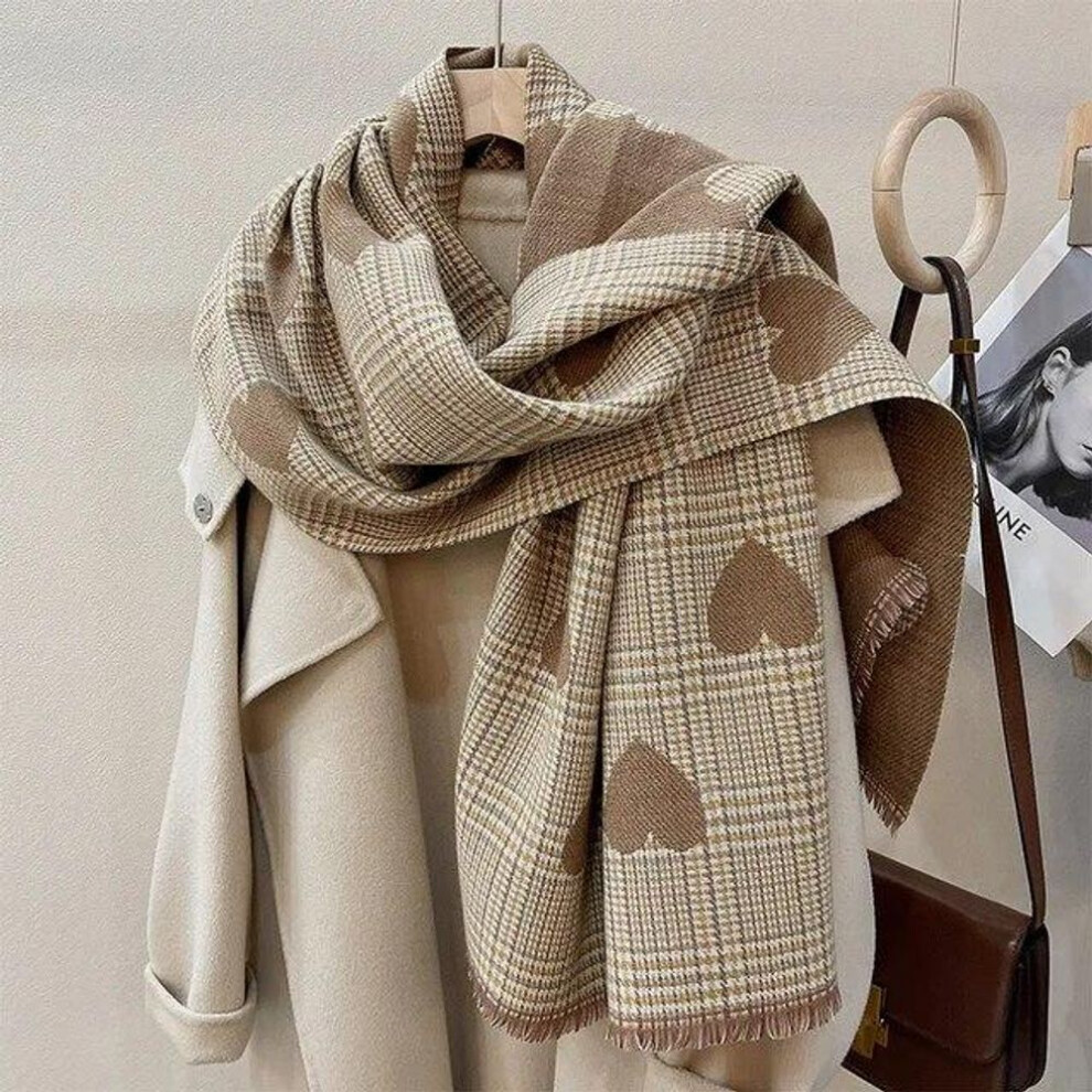 (beige) Double Side Cashmere Scarf Autumn Winter Women&apos;s Love Heart Plaid Fashion Ladies Long Thickened Warm Knitted Scarf Hijab Stole