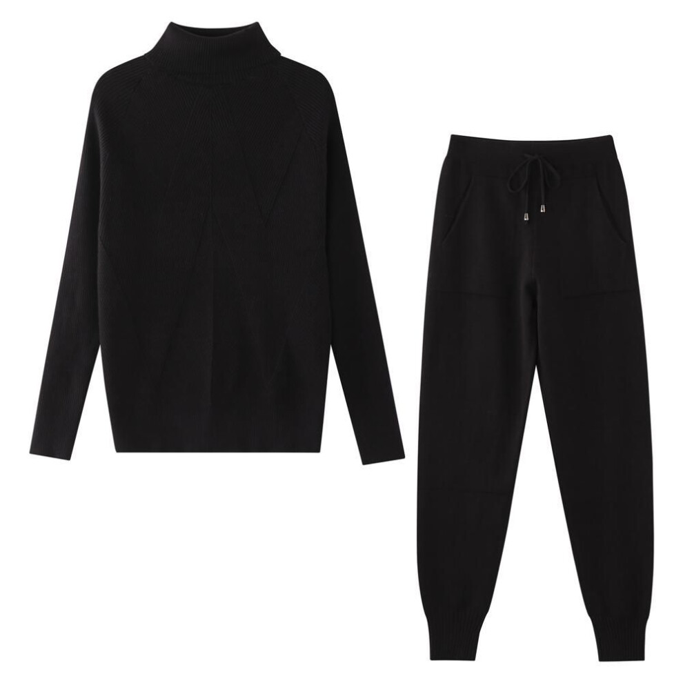 (black, One Size) Taovk Winter Women&apos;s Tracksuit Solid Color Striped Turtleneck Pullovers Sweater And Elastic Trousers Knitted Two Piece Sets