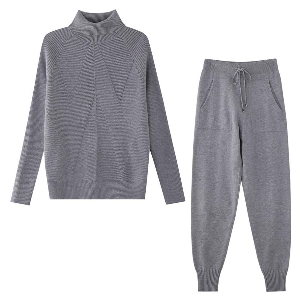 (grey, One Size) Taovk Winter Women&apos;s Tracksuit Solid Color Striped Turtleneck Pullovers Sweater And Elastic Trousers Knitted Two Piece Sets