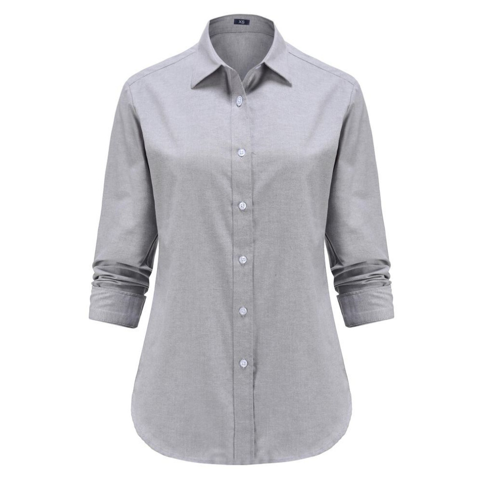 (2XL, gray) Dioufond Women Oxford Shirts Long Sleeve Office Work Shirt Button Down Plain Colour