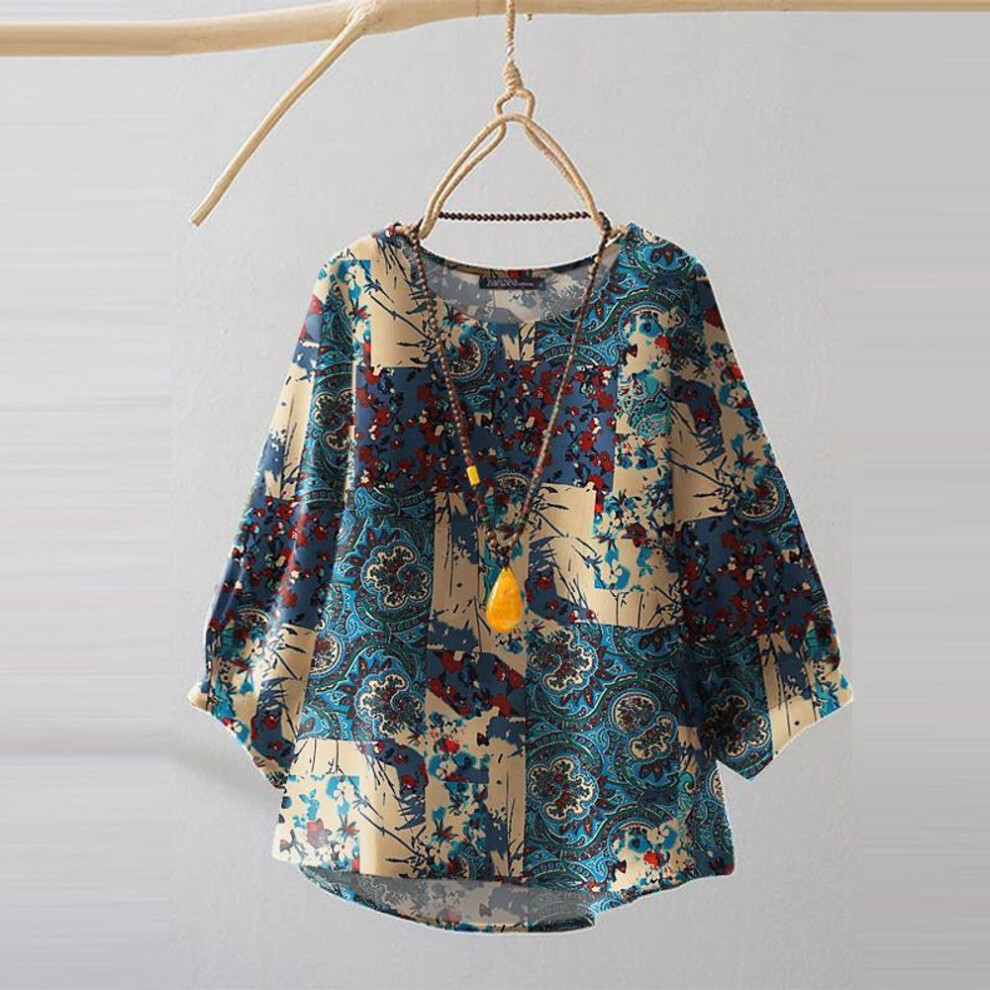 (2XL, blue) ZANZEA Women Casual Ethnic Print 3/4 Sleeve Loose Blouse