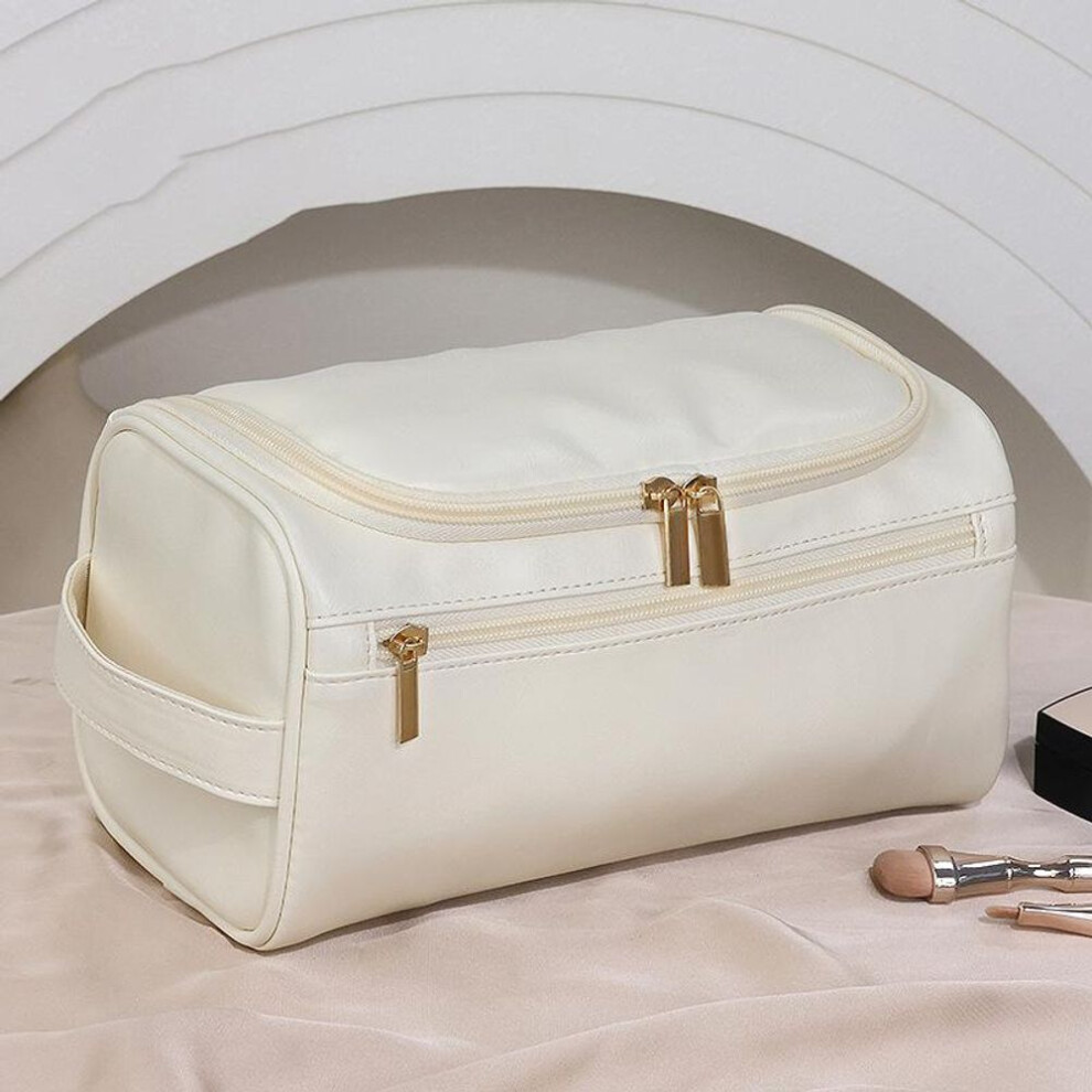 (beige) Leather Men Business Portable Storage Bag Toiletries Organizer Women Travel Cosmetic Bag Hanging Waterproof Wash Pouch